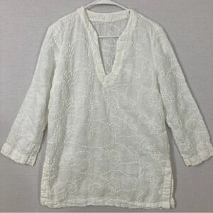 120% Lino White Y Neck Linen Side Slit Embroidered Dot Blouse size US 10